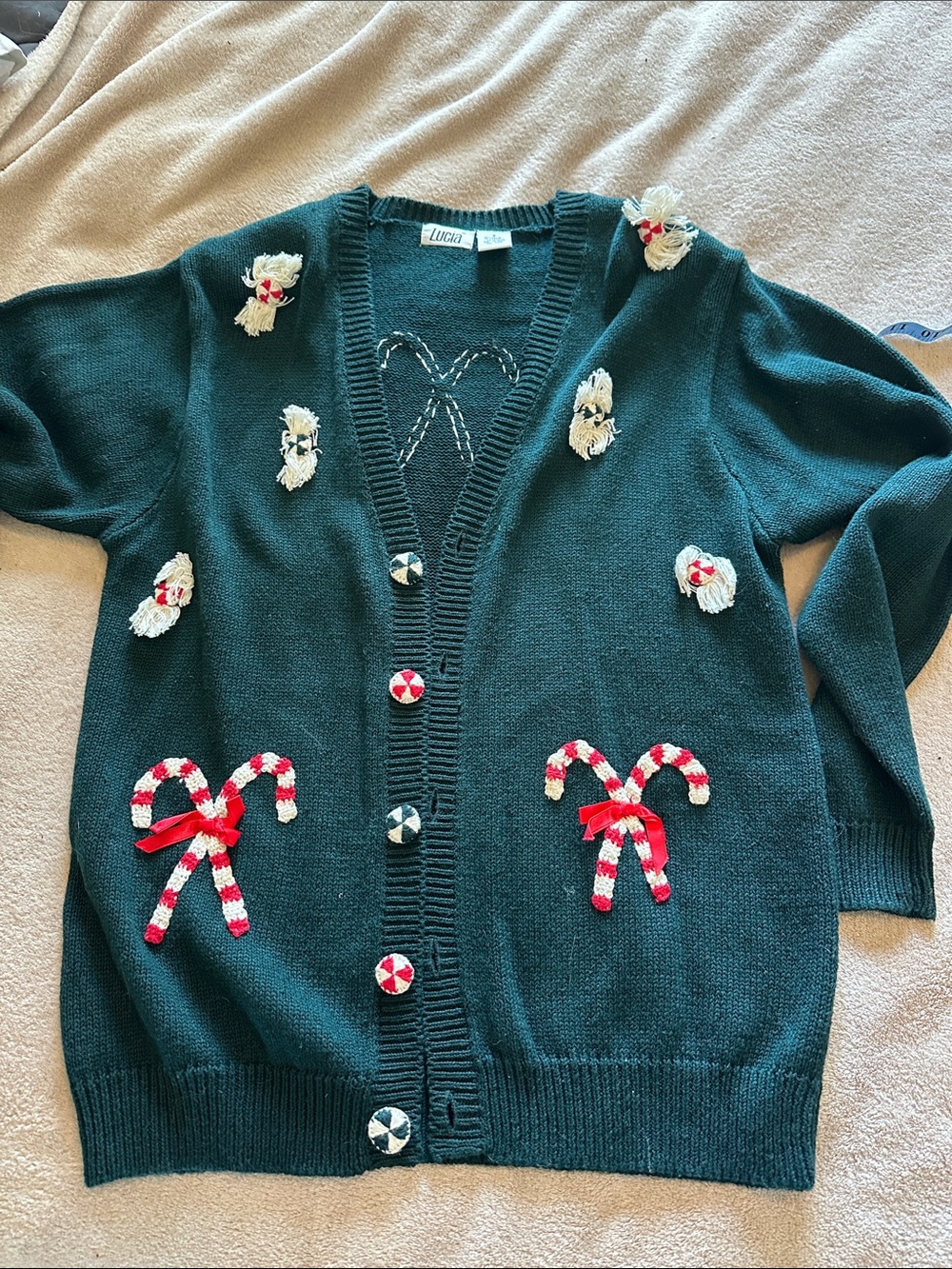 Vintage Forest Green Candy Cane Embellished Cardigan Sweater